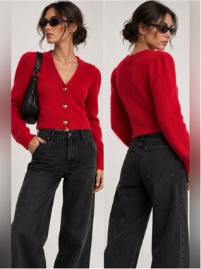 & Other Stories Red Alpaca Wool Cardigan Gold Heart Buttons Puff Sleeve Size S